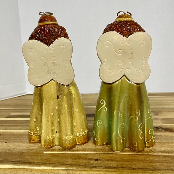 Angel Figurines Ceramic Pottery Christmas Gold Green Tones Poinsettias Candle - Picture 2 of 8